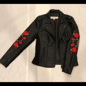 Faux Leather Jacket with Rose Embroidery